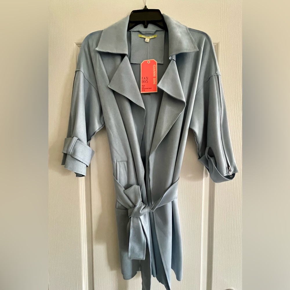 Dusty Blue light trench coat.